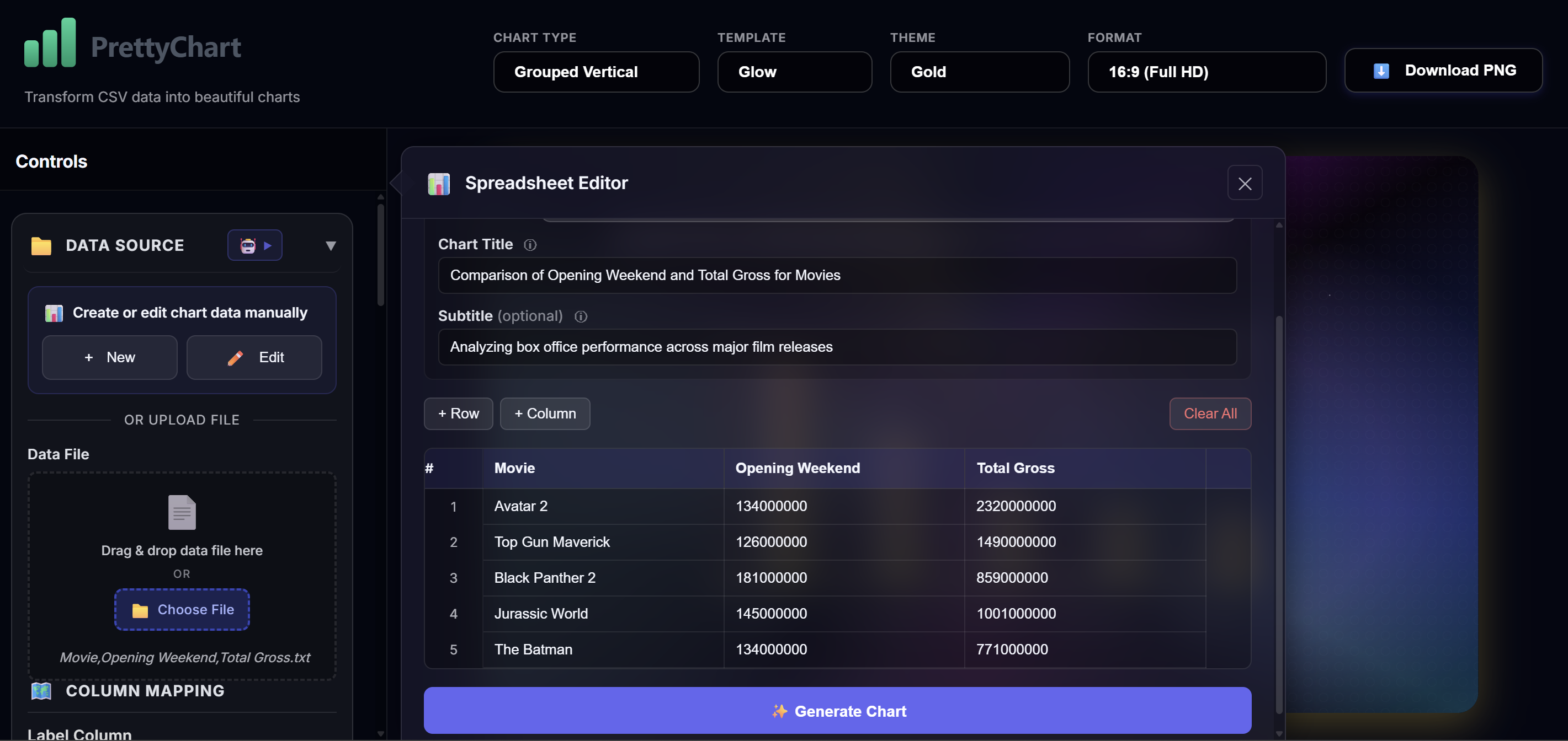 Built-in spreadsheet editor with Excel-like interface